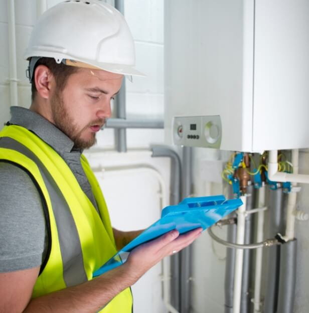 A photo of a plumbing specialist in a hard hat and reflective vest looks at his clipboard